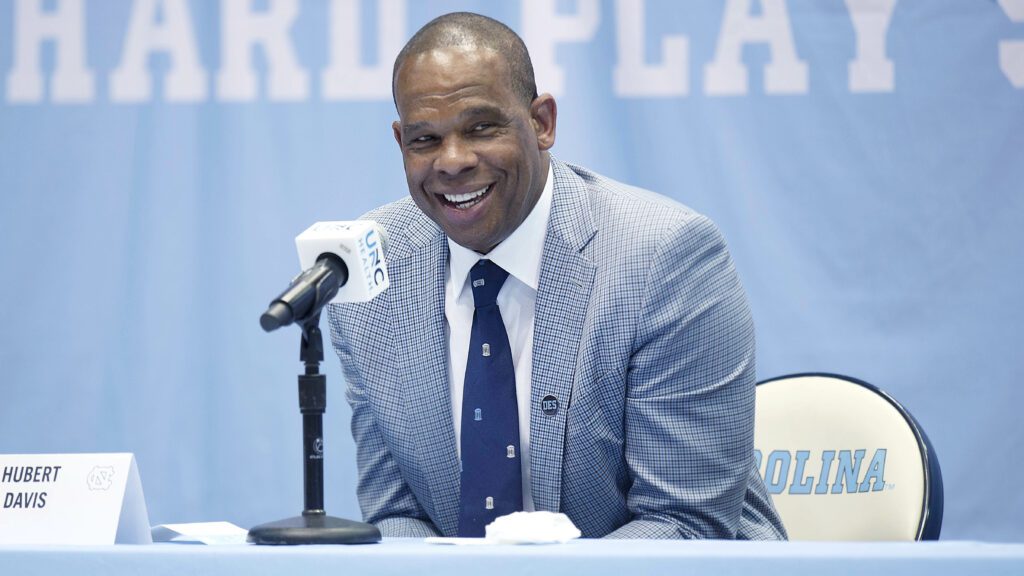 Hubert Davis, Carolina Basketball head coach, at a press conference in April.