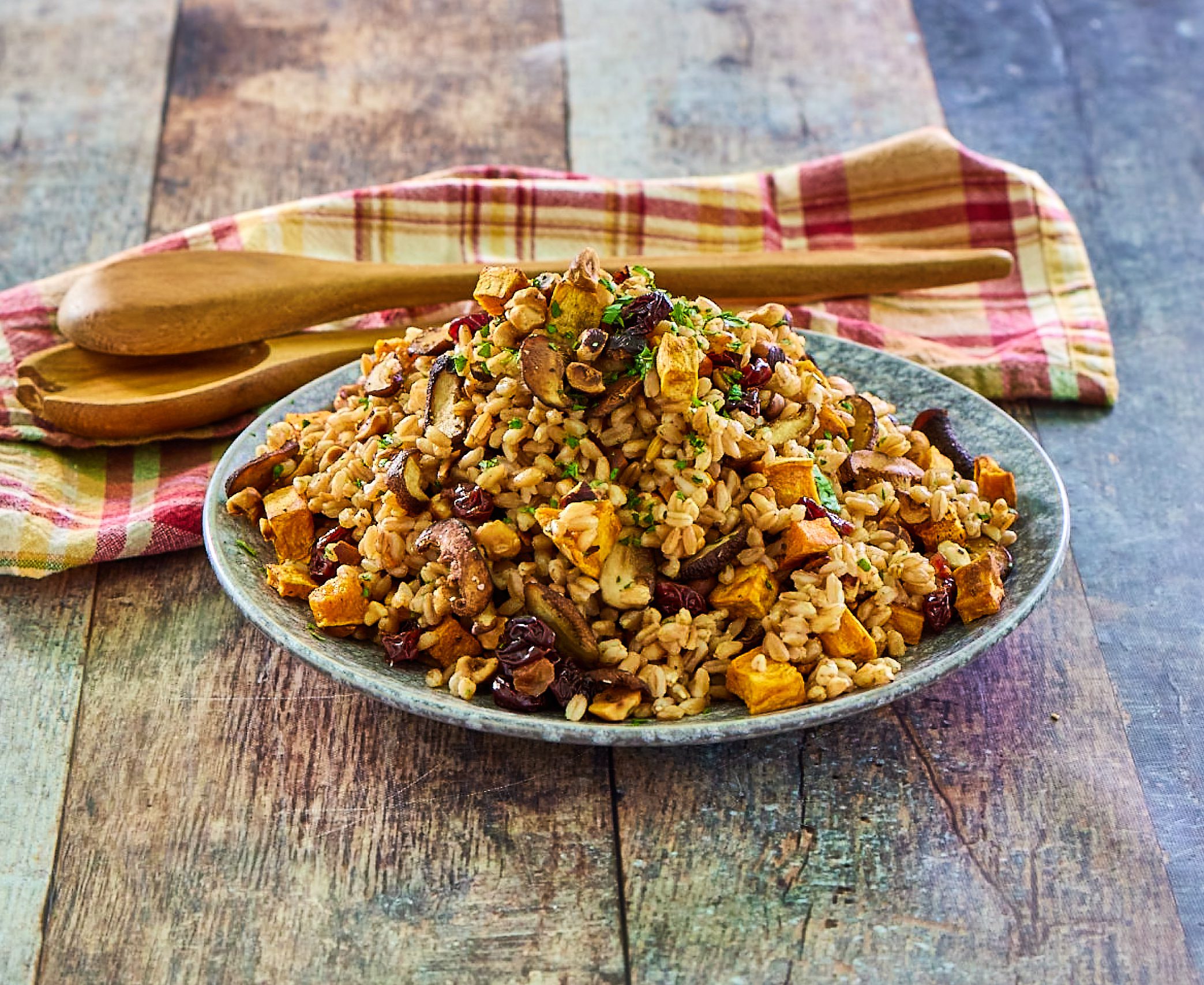 Fall Farro with Roasted Sweet Potatoes, Shiitakes, Tart Cherries and Toasted Hazelnuts