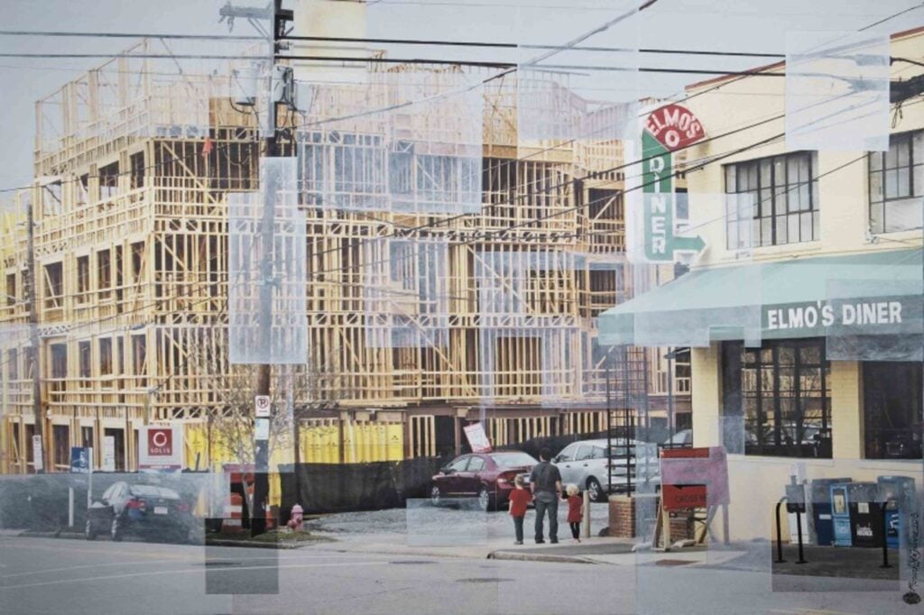 Mixed-media painting "NINTH STREET" by Durham, North Carolina artist Moriah LeFebvre from her ongoing series Hometown (Inherited).